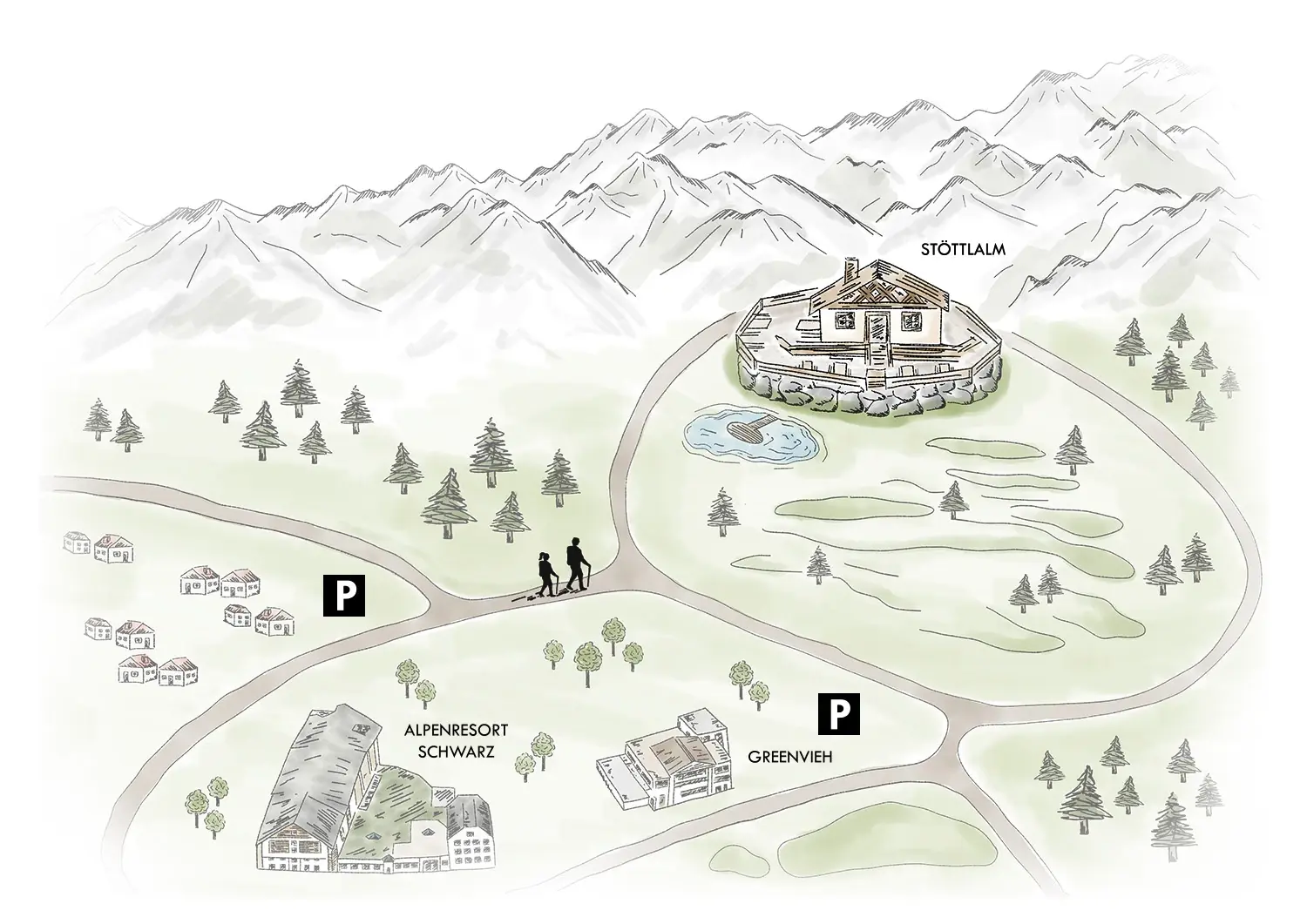 Illustrated location map of the Stöttlalm by its lake with hiking trail, car parks, Alpenresort Schwarz and Greenvieh on the Mieminger Plateau