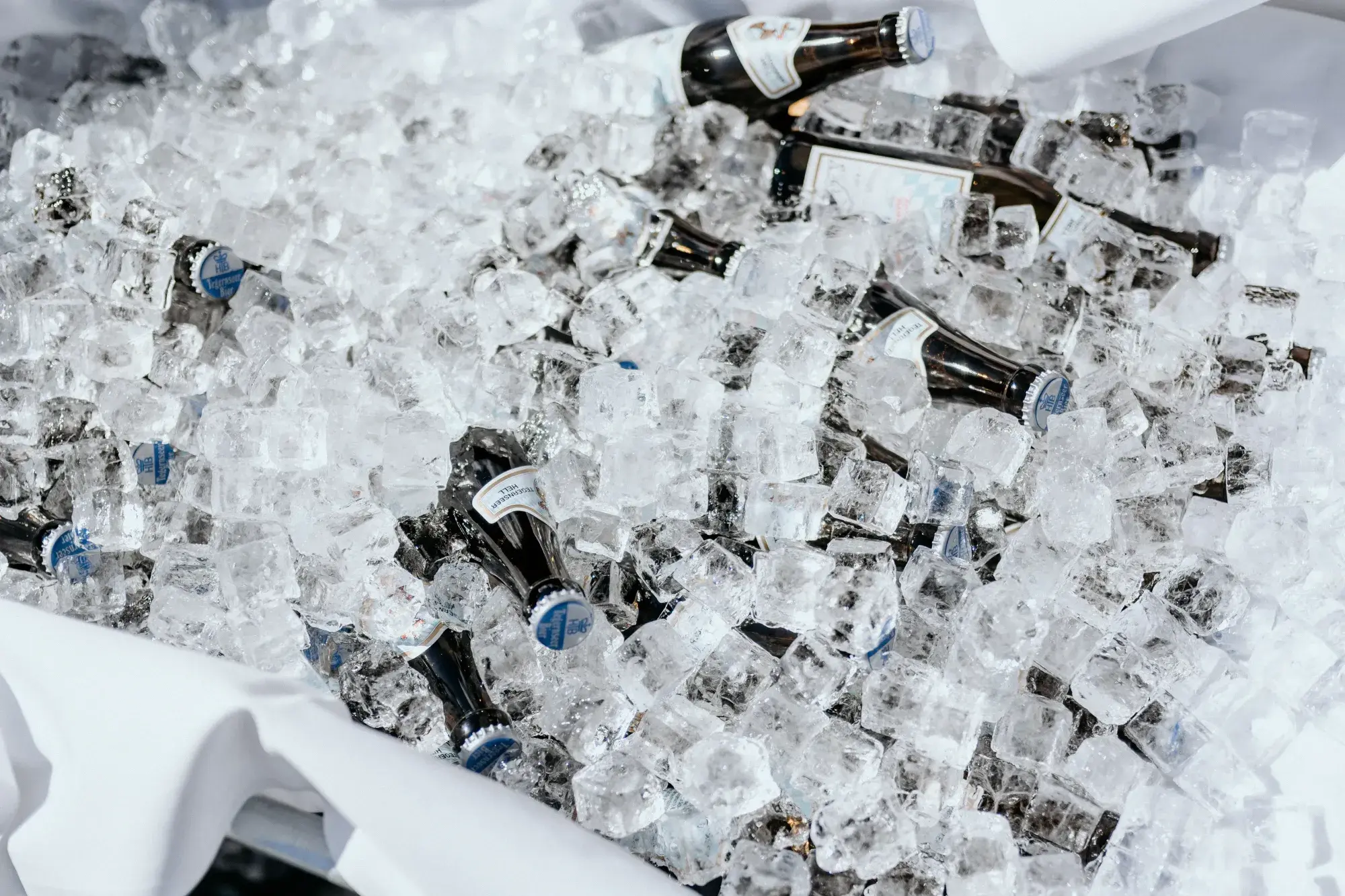 Sparkling wine bottles chilling in a tub of ice cubes at a celebration on the Stöttlalm in Tyrol